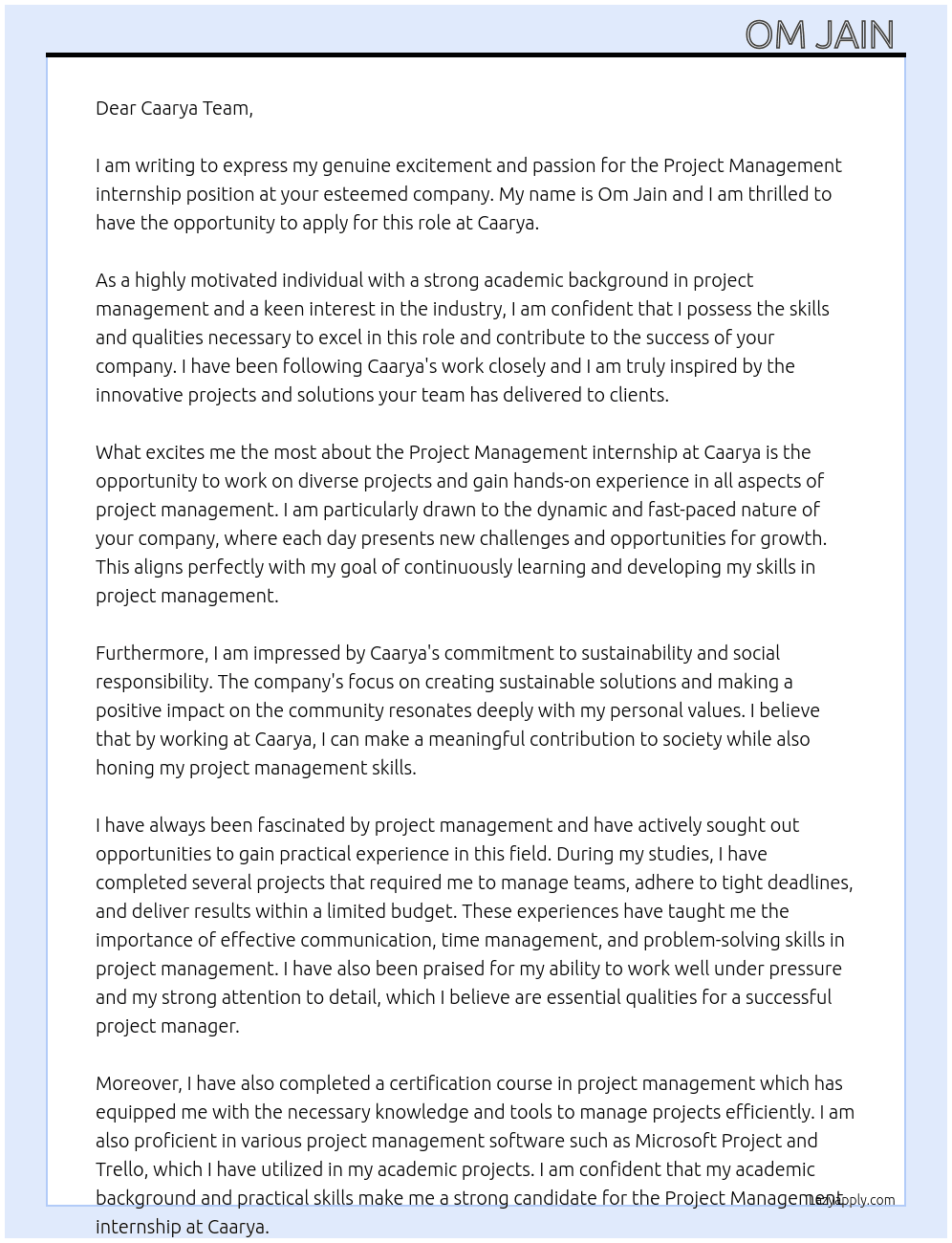 Project Management internship At Caarya Cover Letter