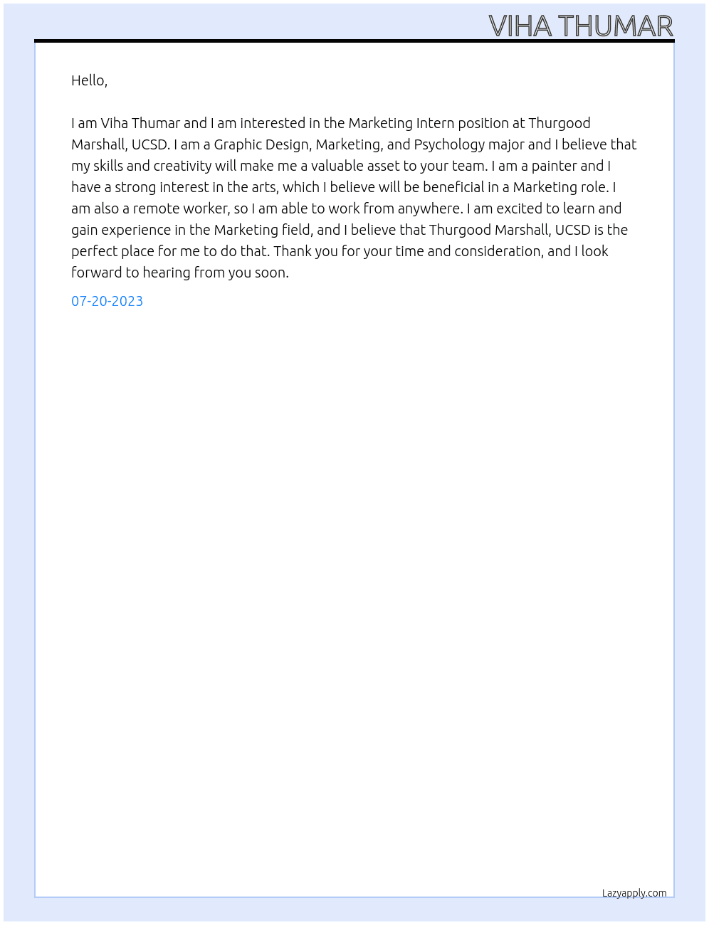 Marketing Intern At Thurgood Marshall, UCSD Cover Letter