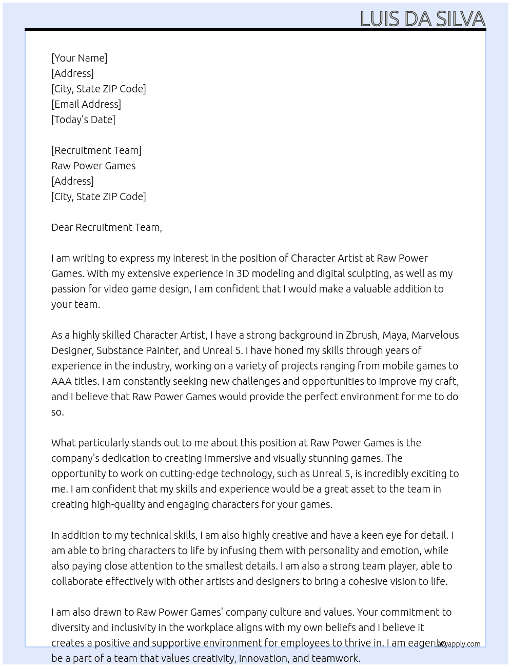Character Artist At Raw Power Games Cover Letter