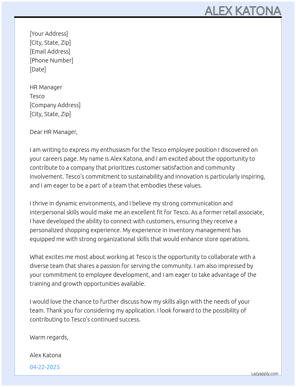 Tesco employee At Tesco Cover Letter
