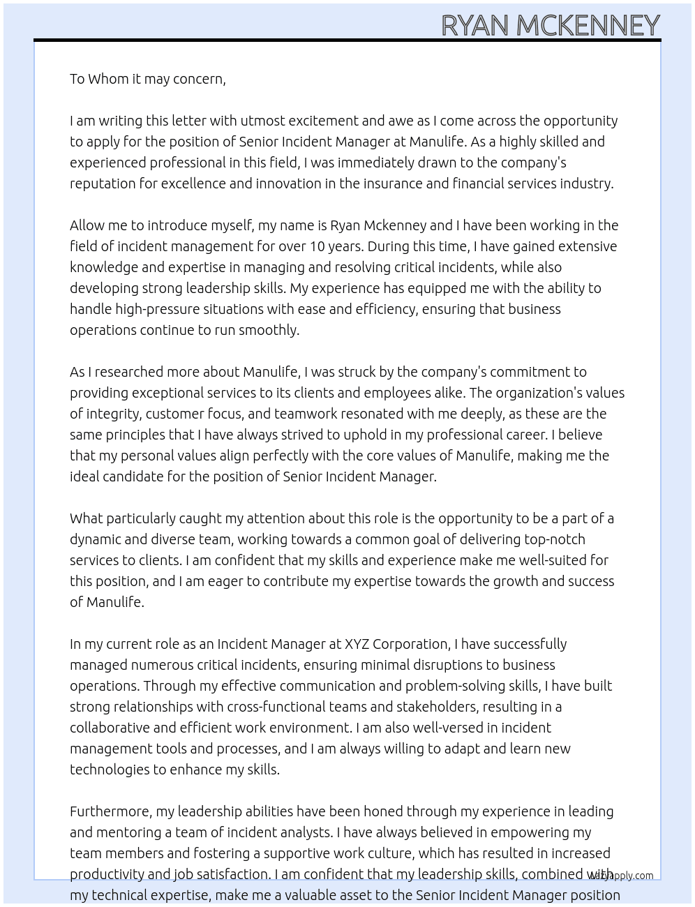 Senior Incident Manager At Manulife Cover Letter