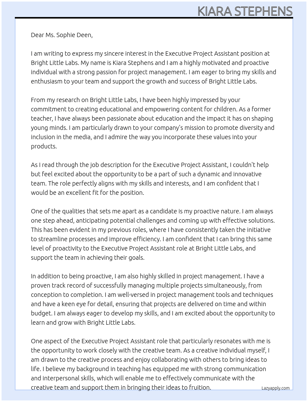 Executive project assistant At Bright little labs  Cover Letter