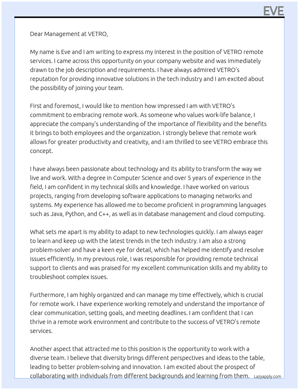 VETRO remote services  At VETRO  Cover Letter