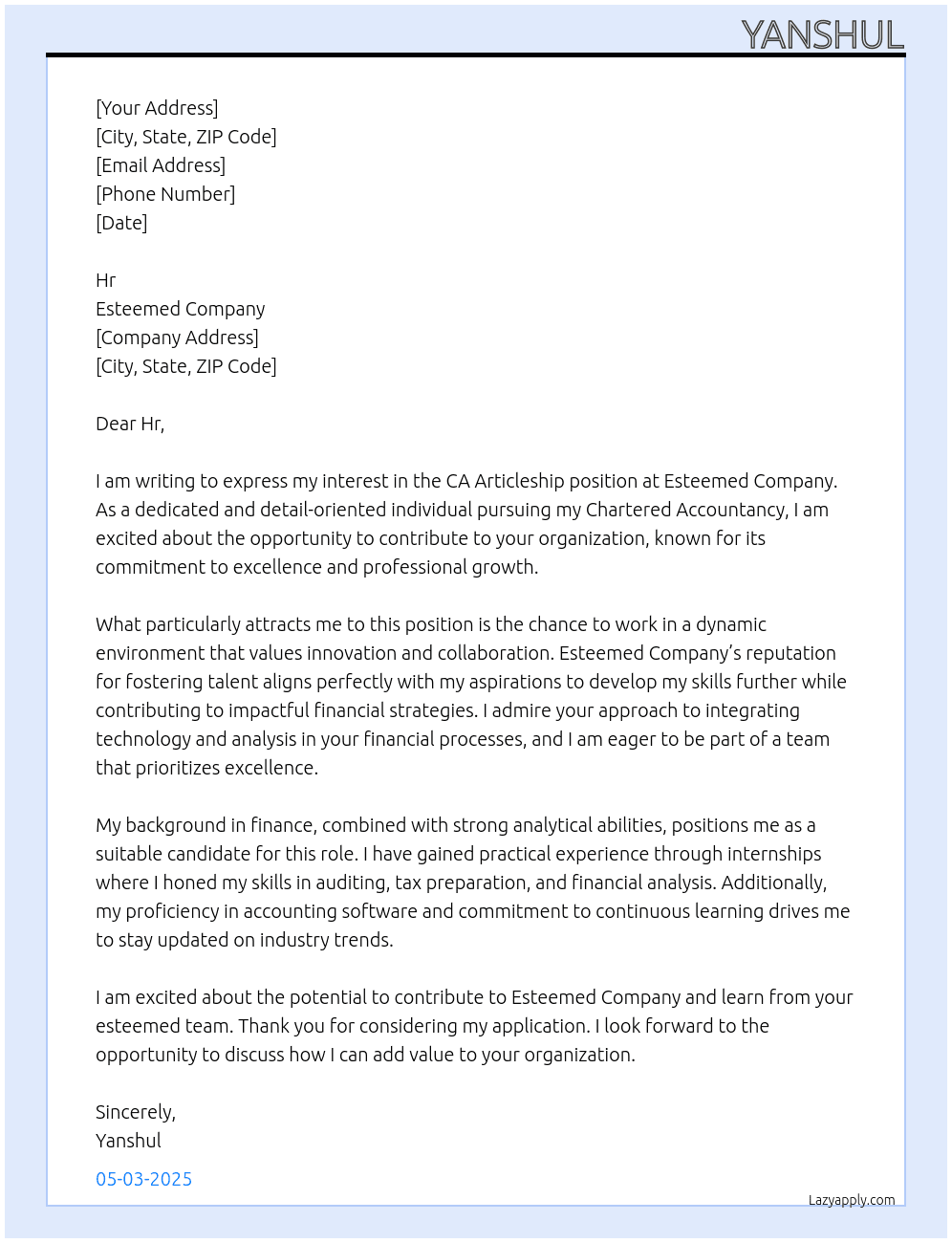 Ca articleship At Esteemed company  Cover Letter