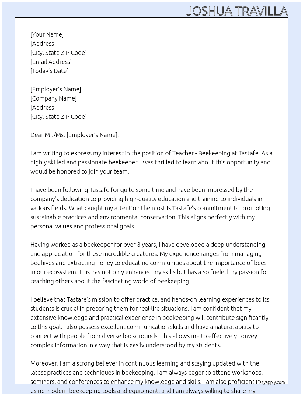 Teacher - Beekeeping At Tastafe Cover Letter