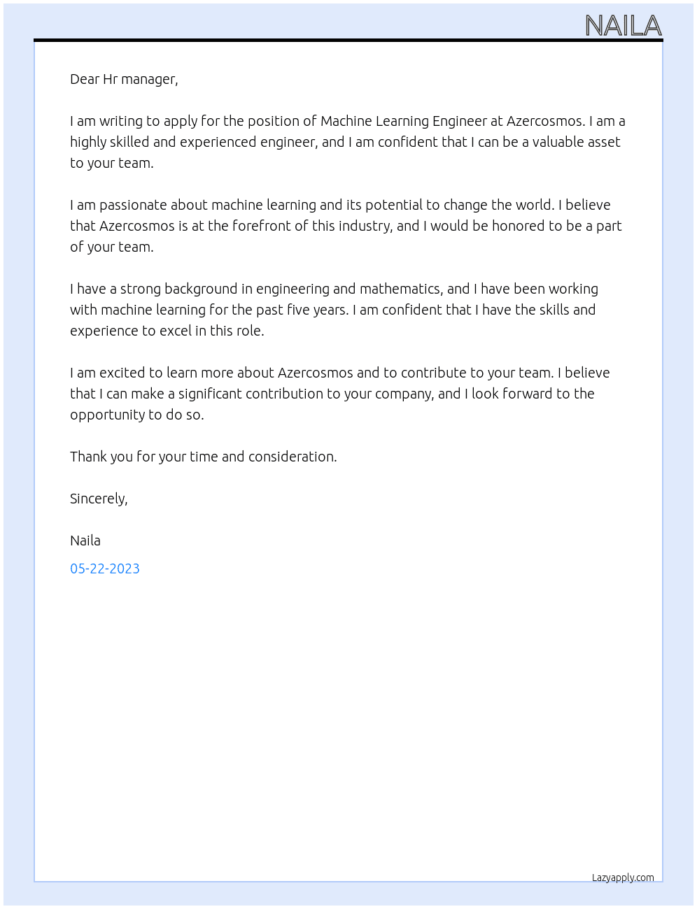 Machine Learning Engineer At Azercosmos Cover Letter