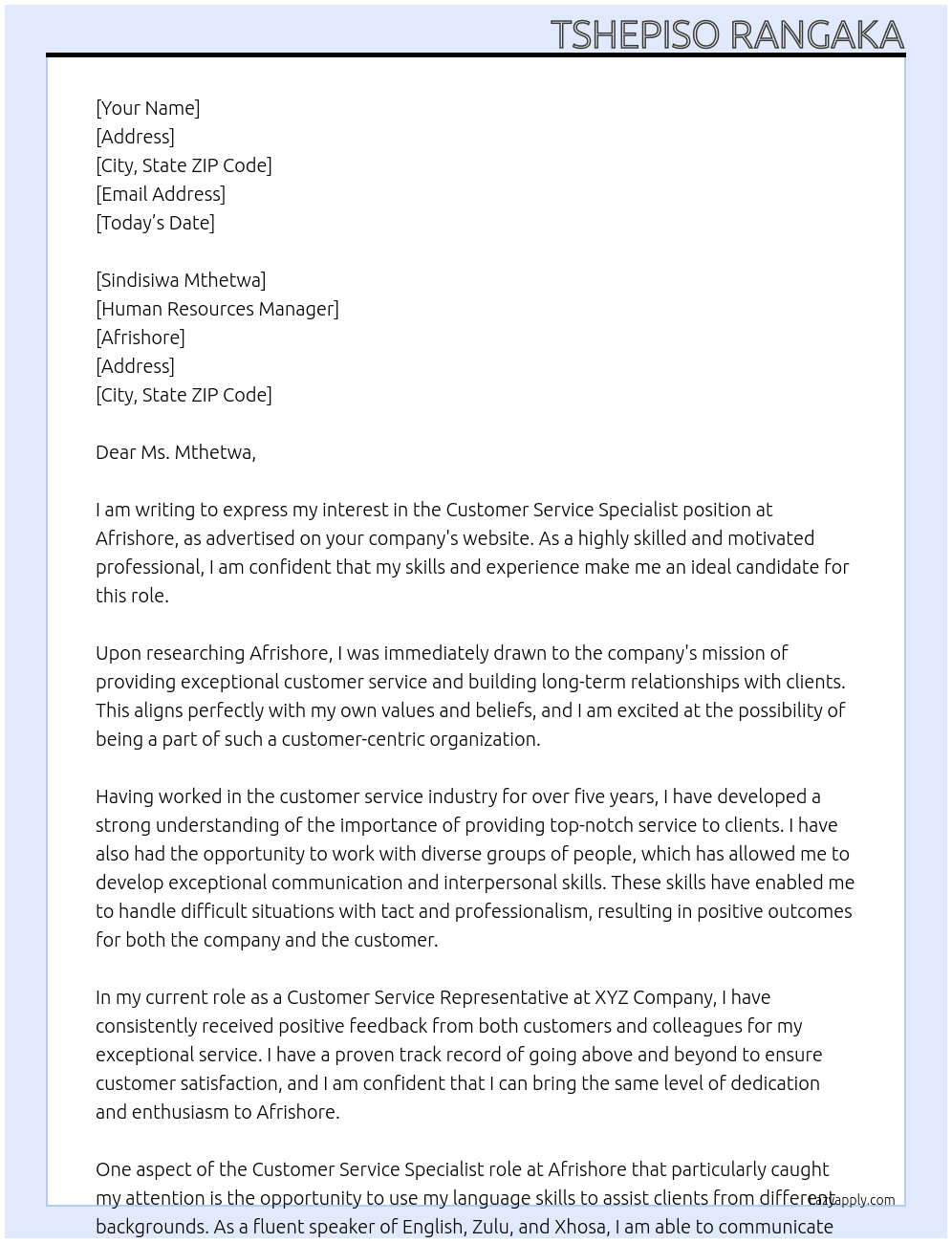 Customer Service Specialist  At Afrishore  Cover Letter