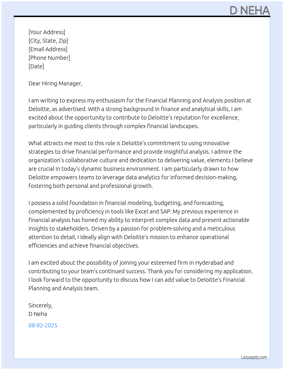 Financial planning and analysis  At Deloitte  Cover Letter