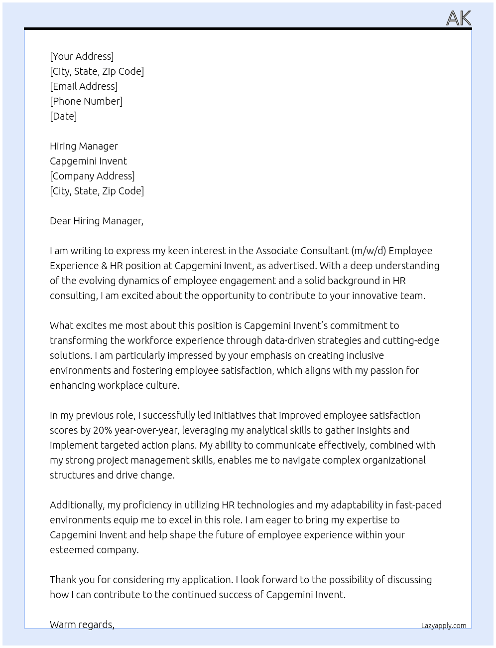 (Associate) Consultant (m/w/d) Employee Experience & HR At Capgemini Invent Cover Letter
