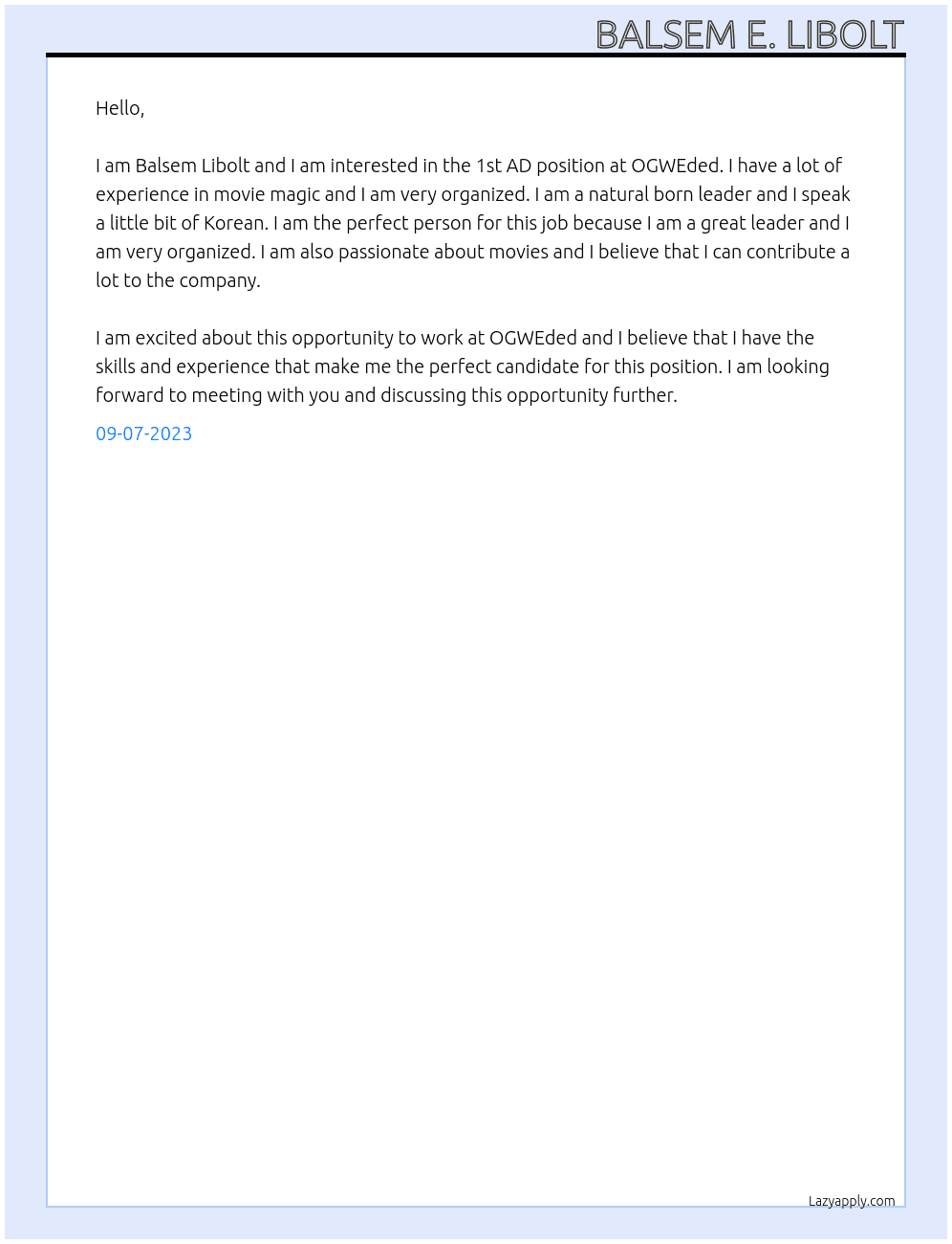 1st AD At OGWEded Cover Letter