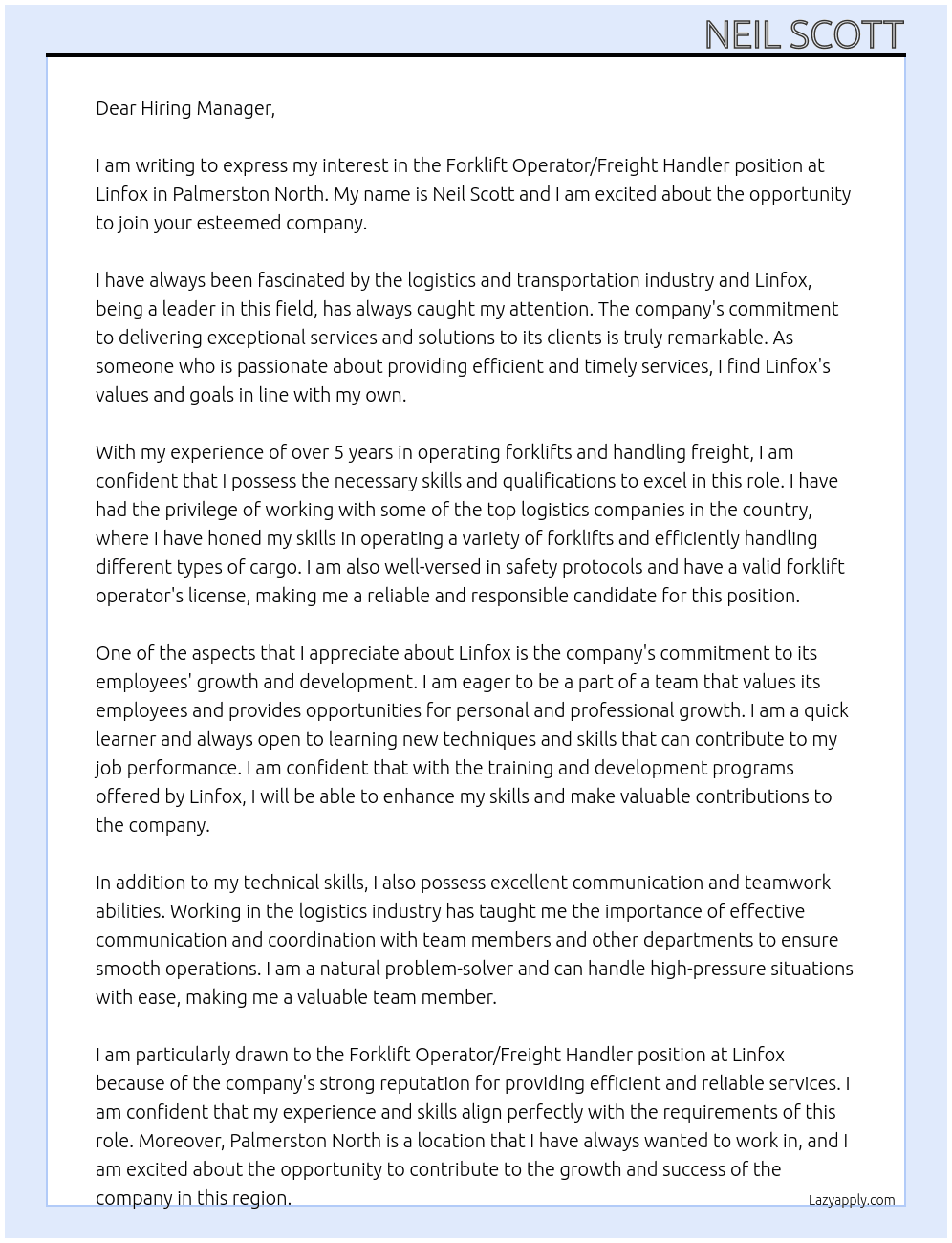 Forklift Operator/ Freight Handler At Linfox  Cover Letter