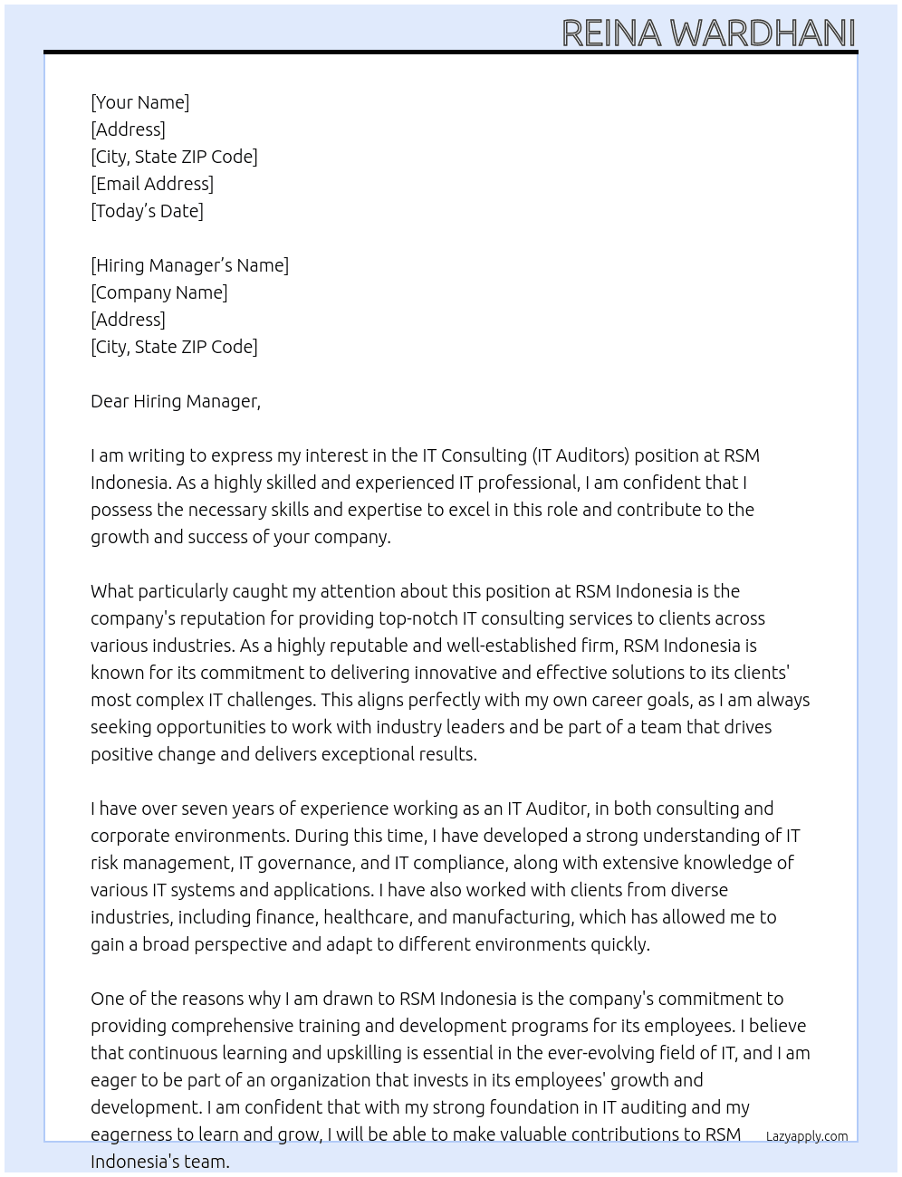 IT Consulting (IT Auditors) At RSM Indonesia Cover Letter