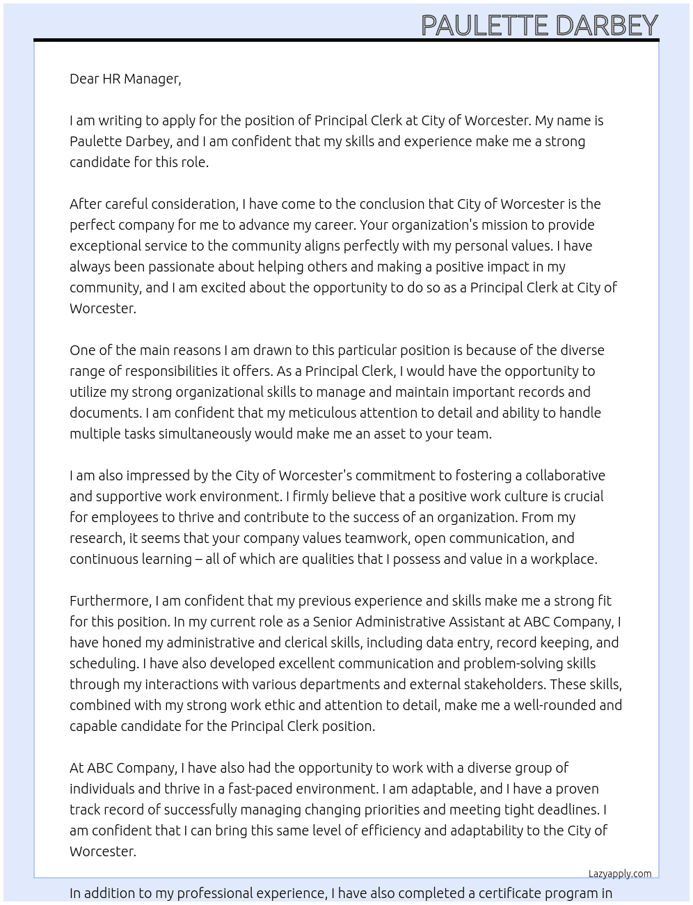 Principal Clerk  At City of Worcester  Cover Letter