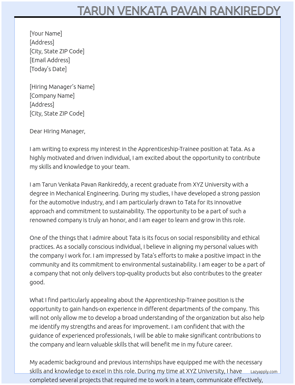Apprenticeship -Trainee At Tata  Cover Letter