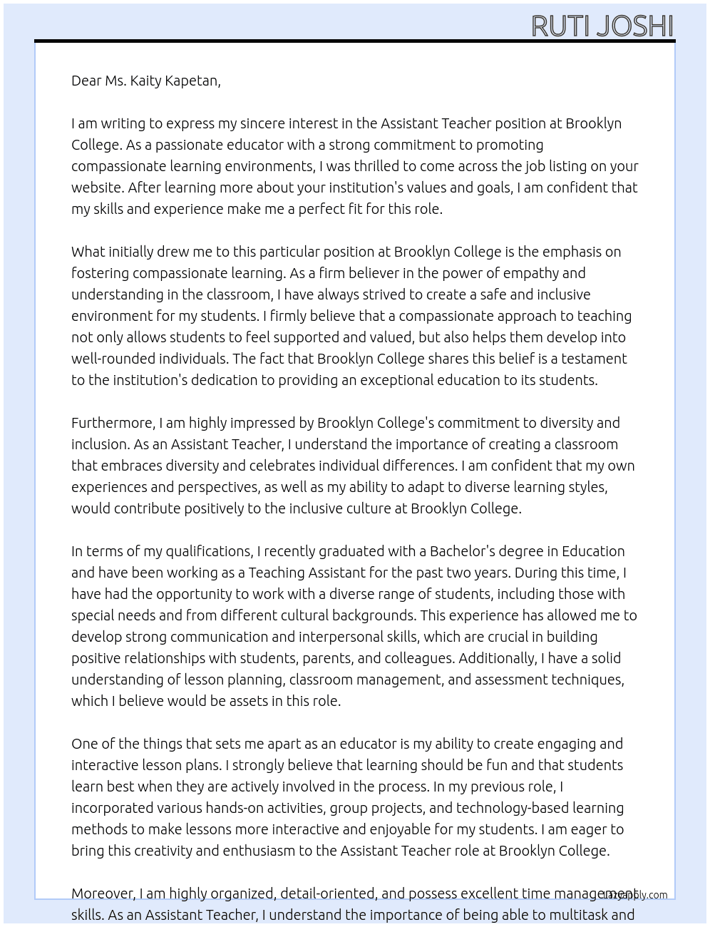 Assistant Teacher At Brooklyn College Cover Letter