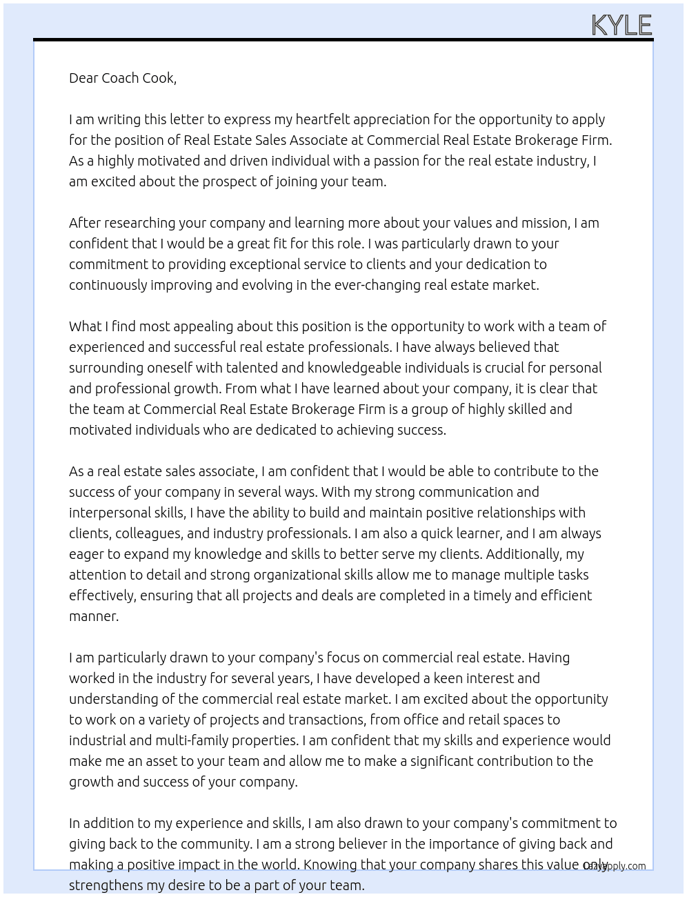 Real estate sales associate At Commercial Real Estate Brokerage Firm Cover Letter