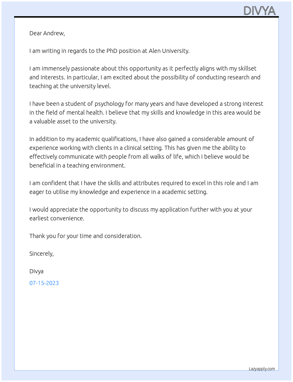 PhD  At Alen University  Cover Letter