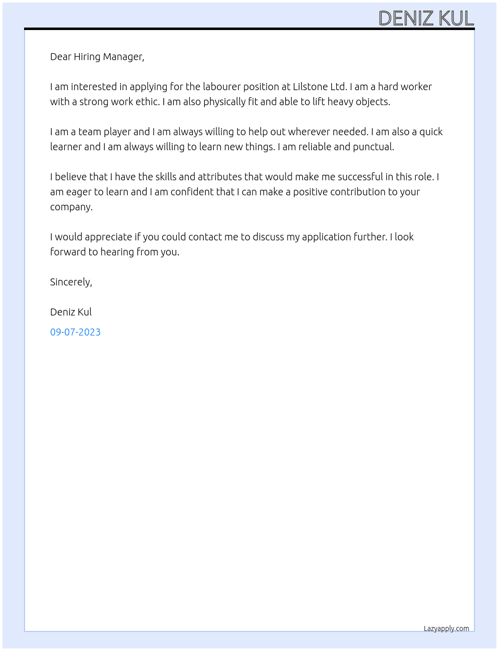Labourer At Lilstone Ltd Cover Letter