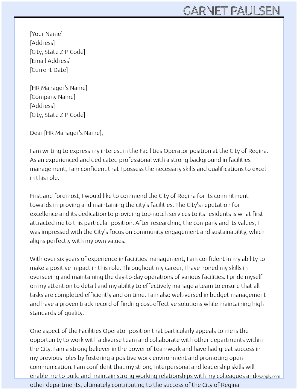 Facilities operator  At City of Regina  Cover Letter
