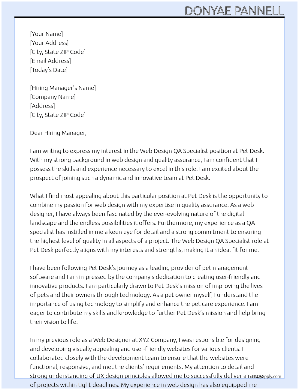 Web Design QA Specialist At Pet Desk Cover Letter