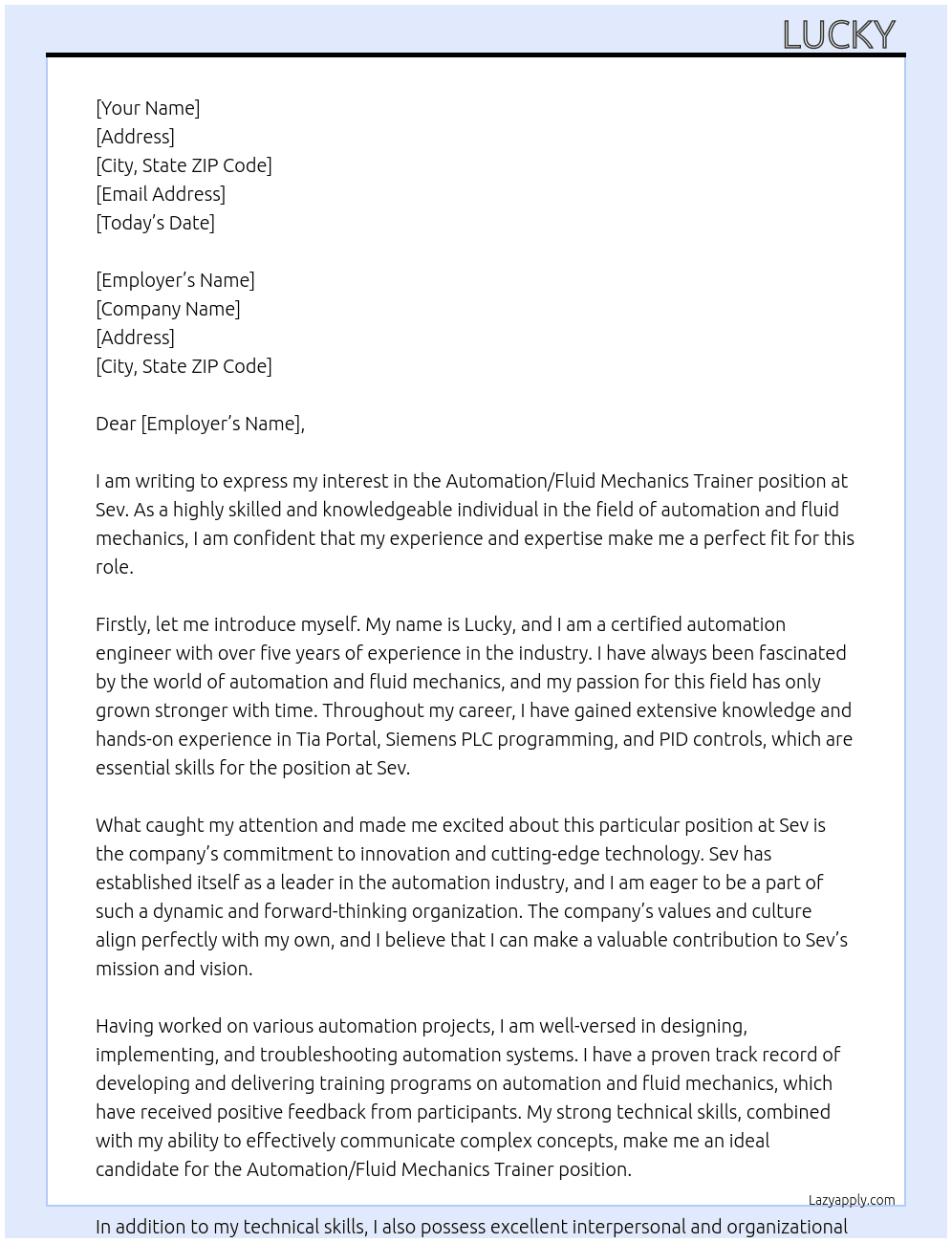 Automation / fluid mechanics trainer At Sev Cover Letter