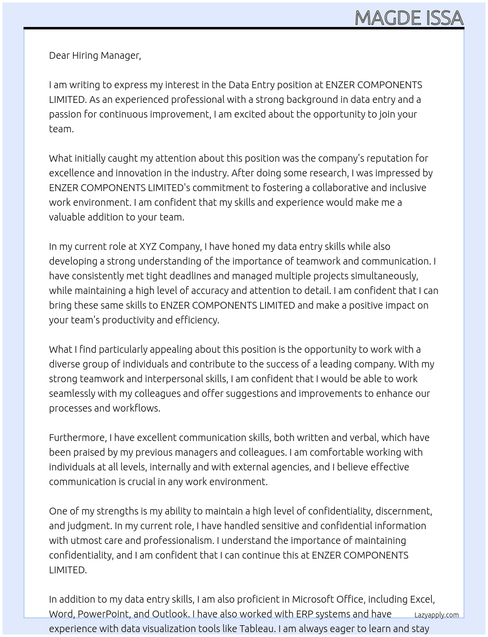 Data entry At ENZER COMPONENTS LIMITED Cover Letter