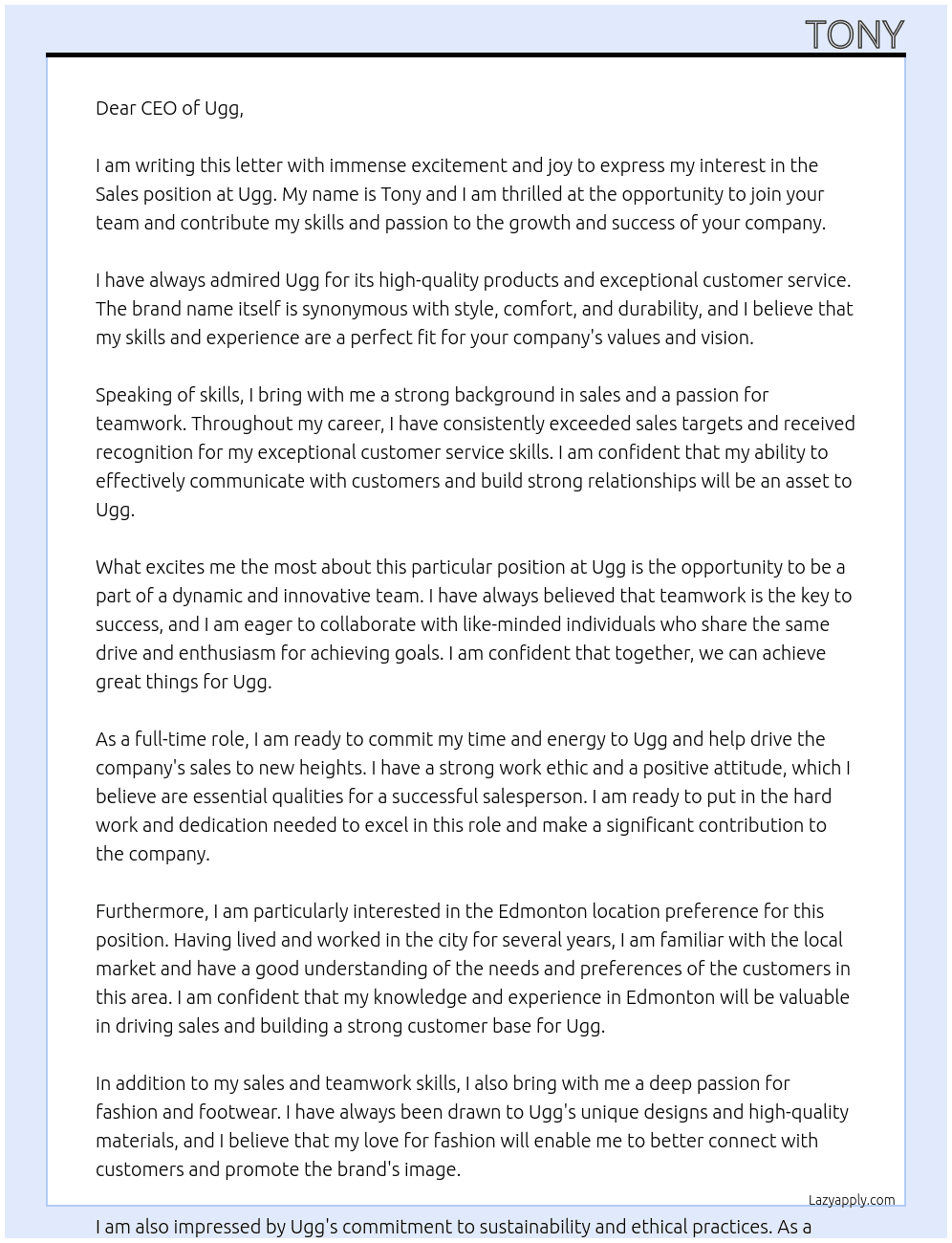Sales At Ugg Cover Letter