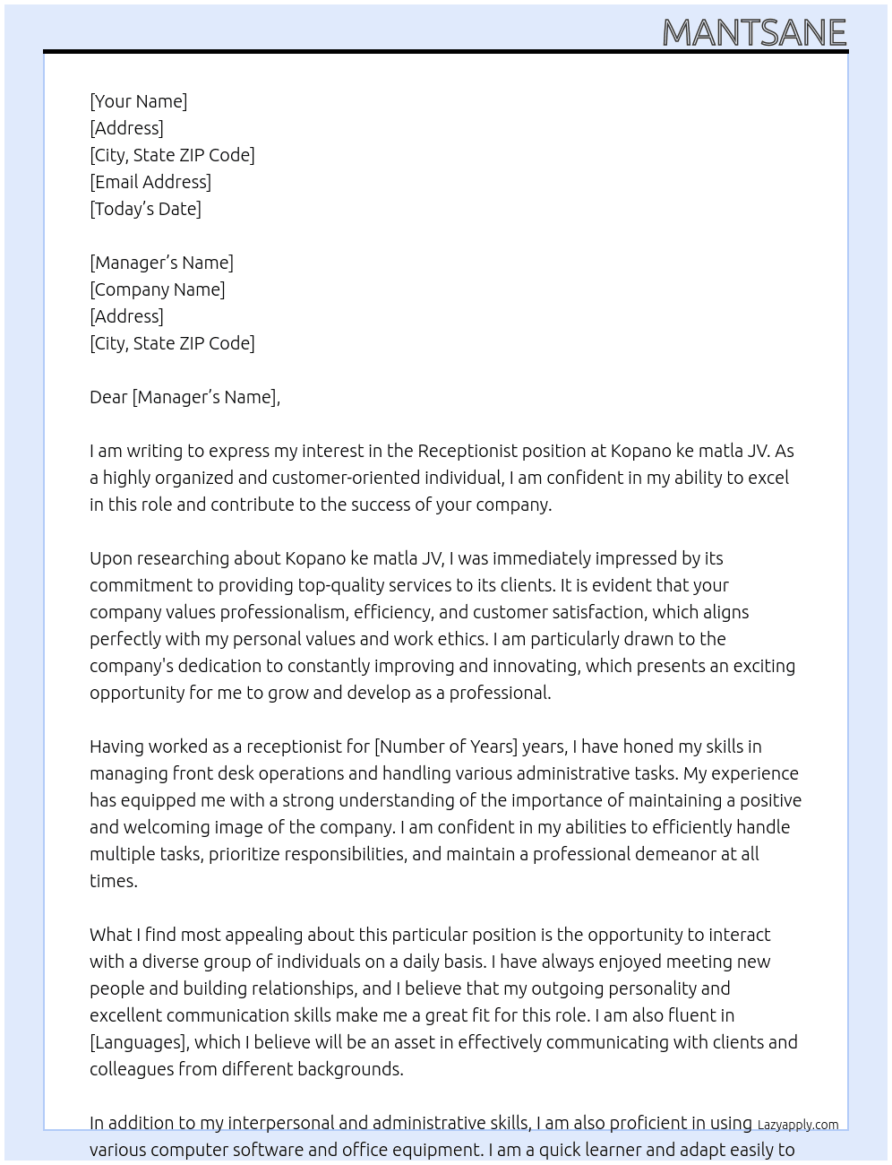 Receptionist At Kopano ke matla JV Cover Letter