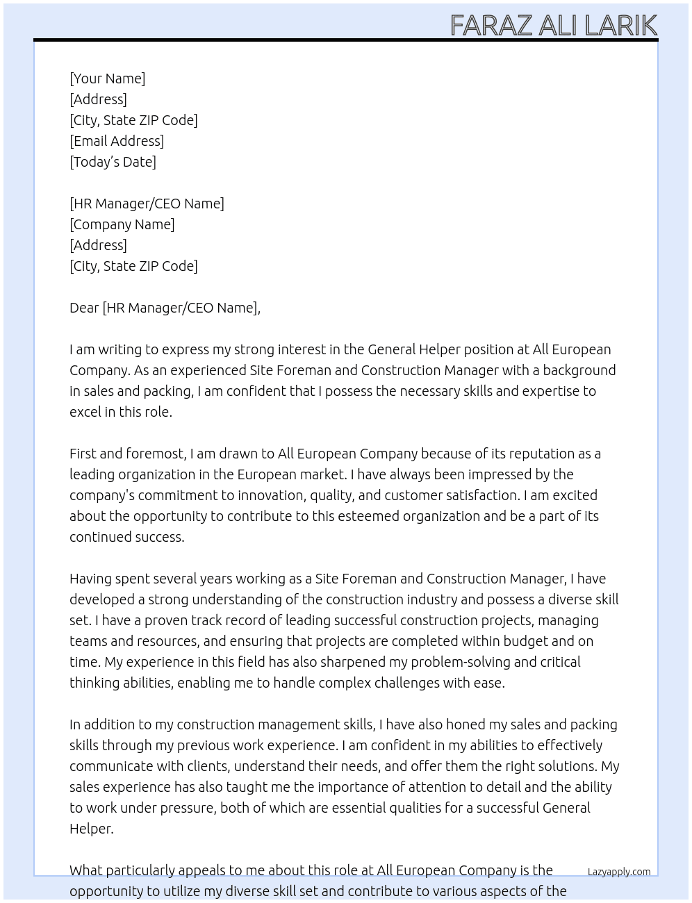General helper At All European company  Cover Letter