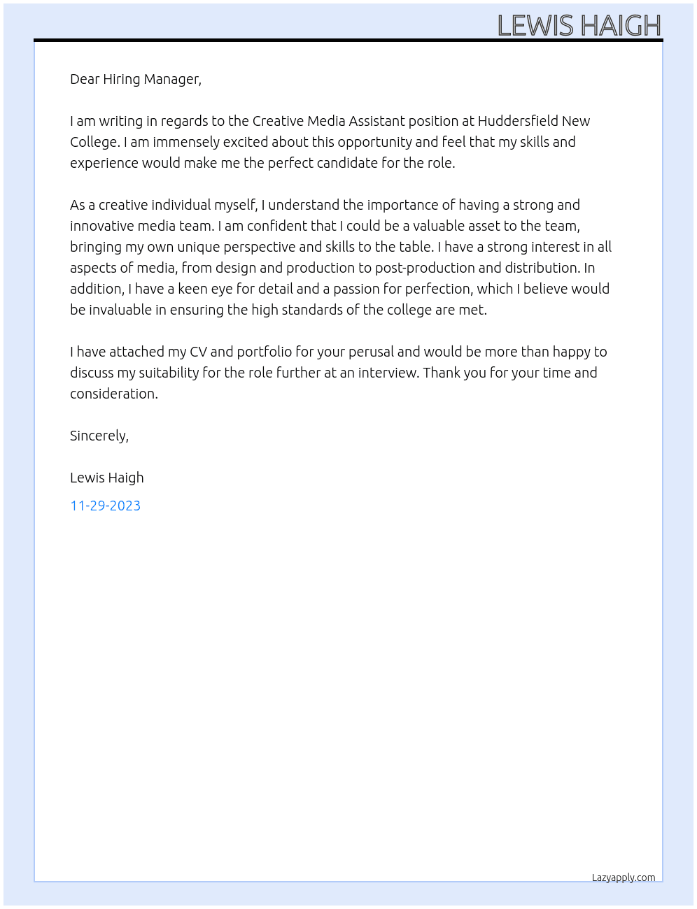 Creative Media Assistant At Huddersfield New College Cover Letter