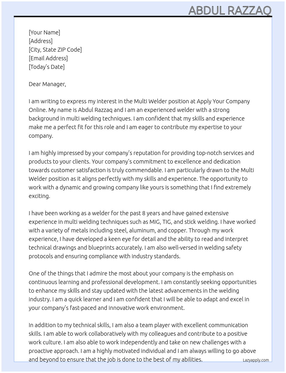 Multi welder At Apply Your Company Online  Cover Letter