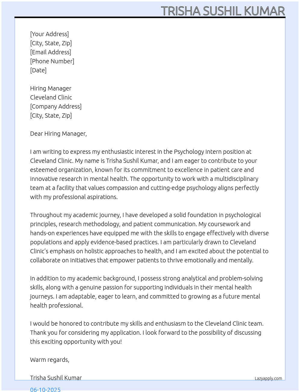 Psychology intern At Cleveland Clinic Cover Letter