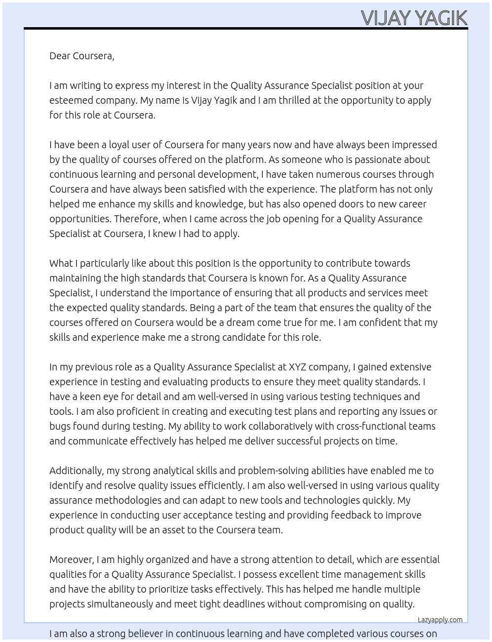 Quality Assurance Specialist At Coursera Cover Letter