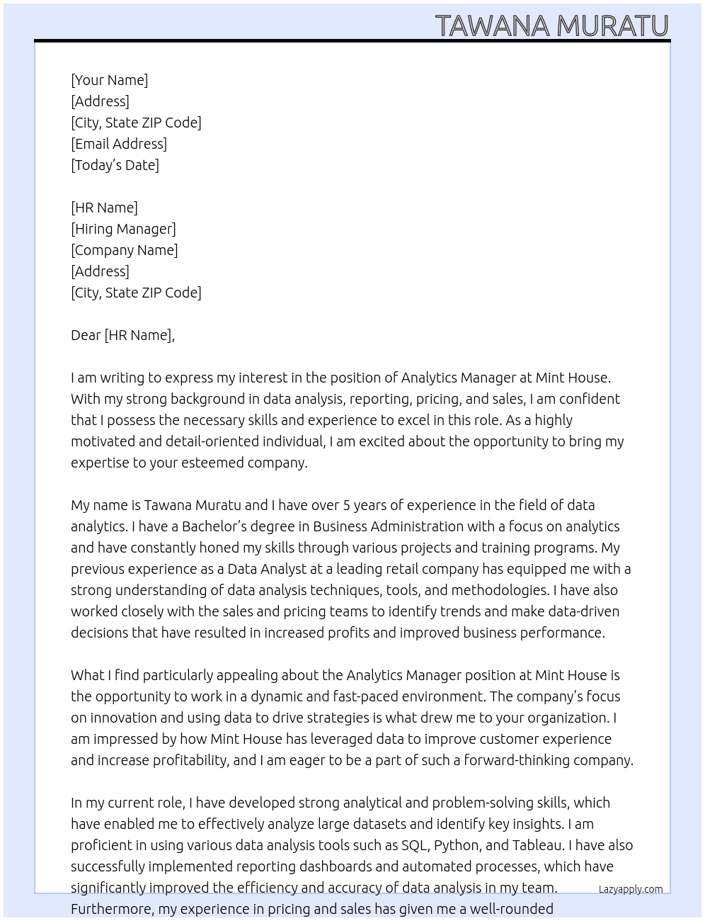 Analytics Manager  At Mint House  Cover Letter