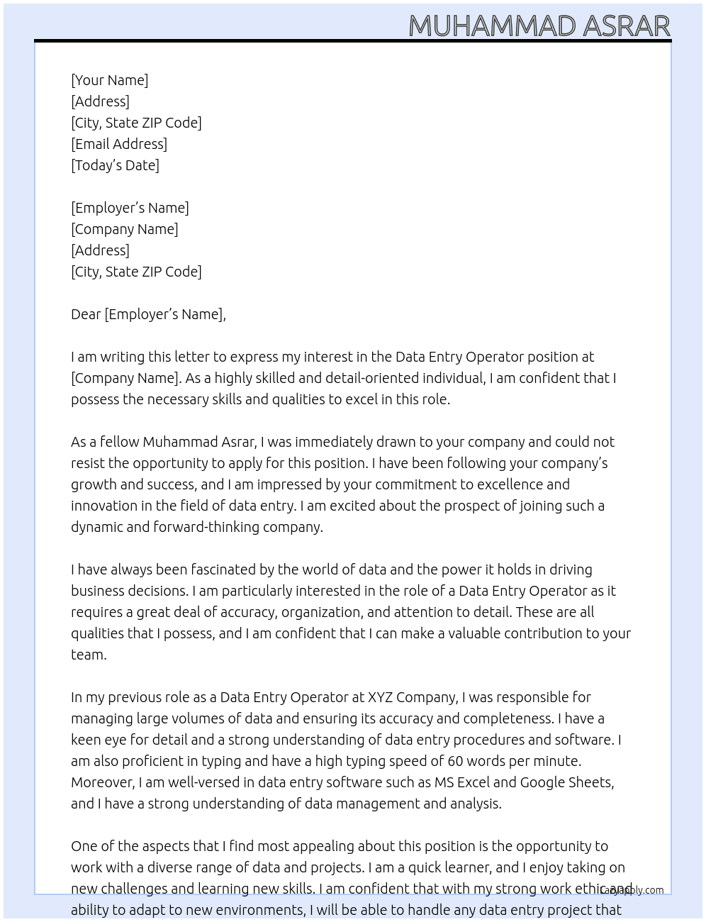 data entry operater At Muhammad Asrar Cover Letter