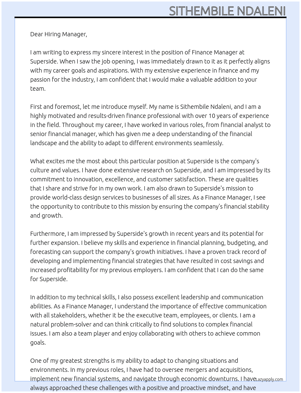 Finance Manager At Superside Cover Letter