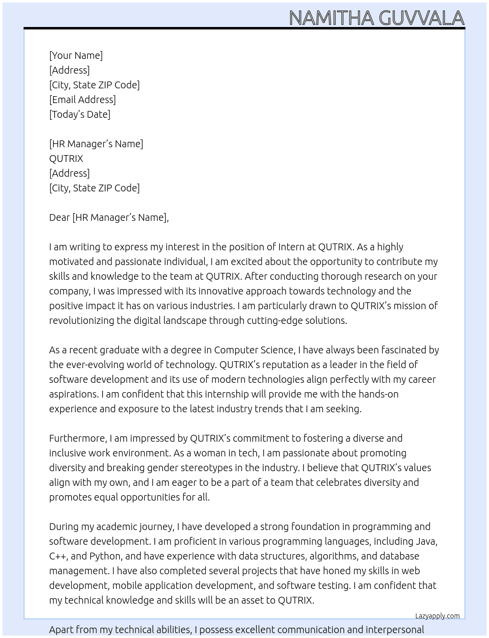 Intern At QUTRIX Cover Letter