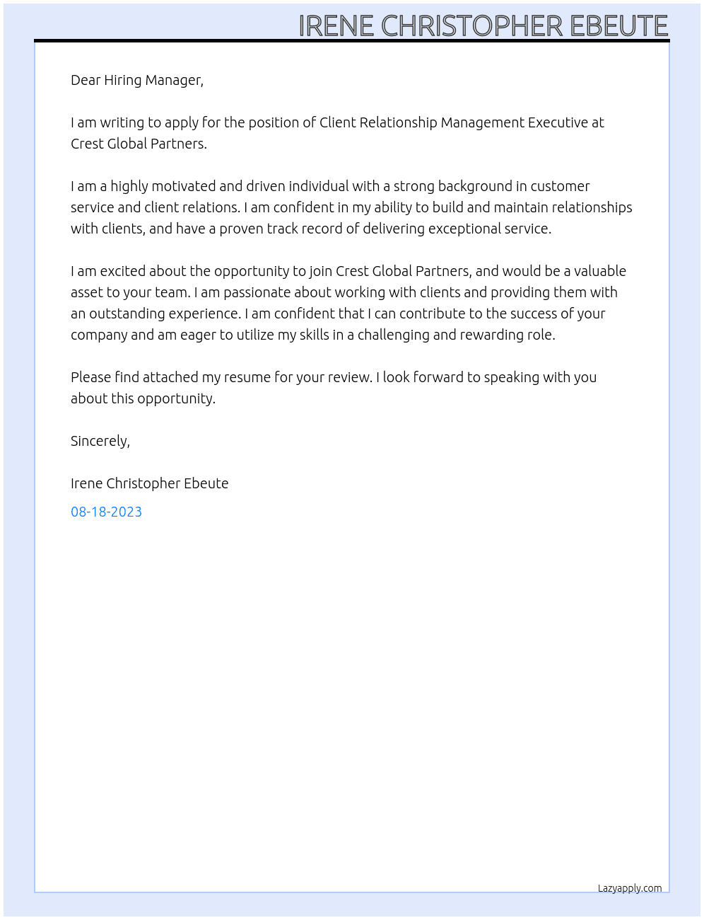 Client Relationship Management Executive  At Crest Global Partners  Cover Letter