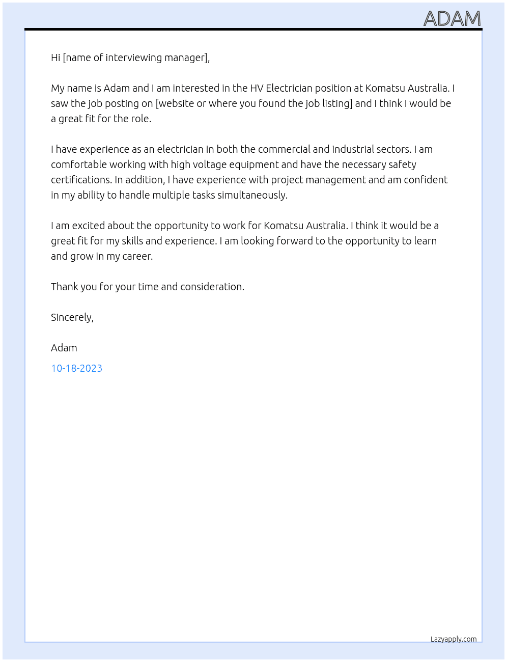 HV Electrician At Komatsu Australia Cover Letter