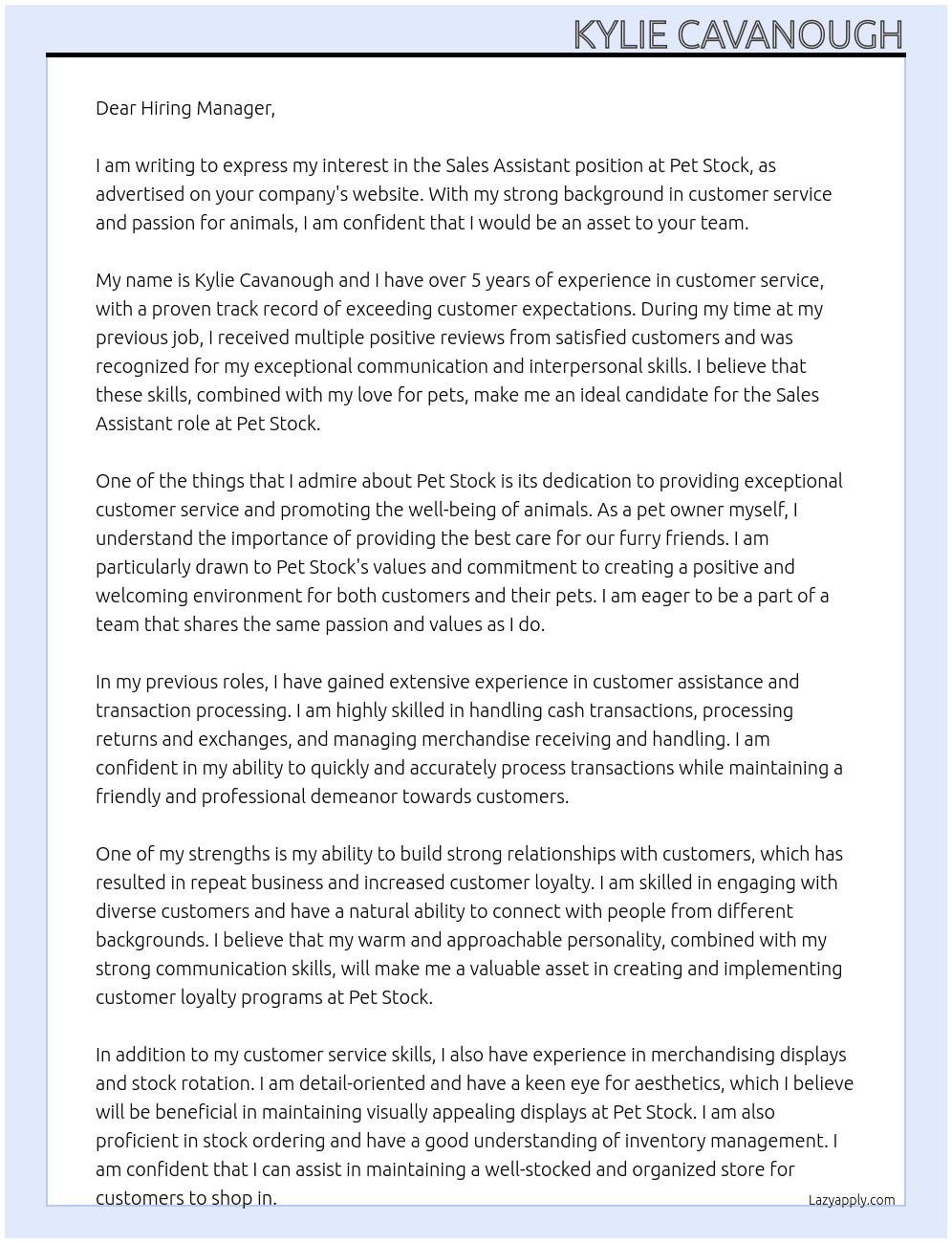 Sales Assistant At Pet Stock Cover Letter