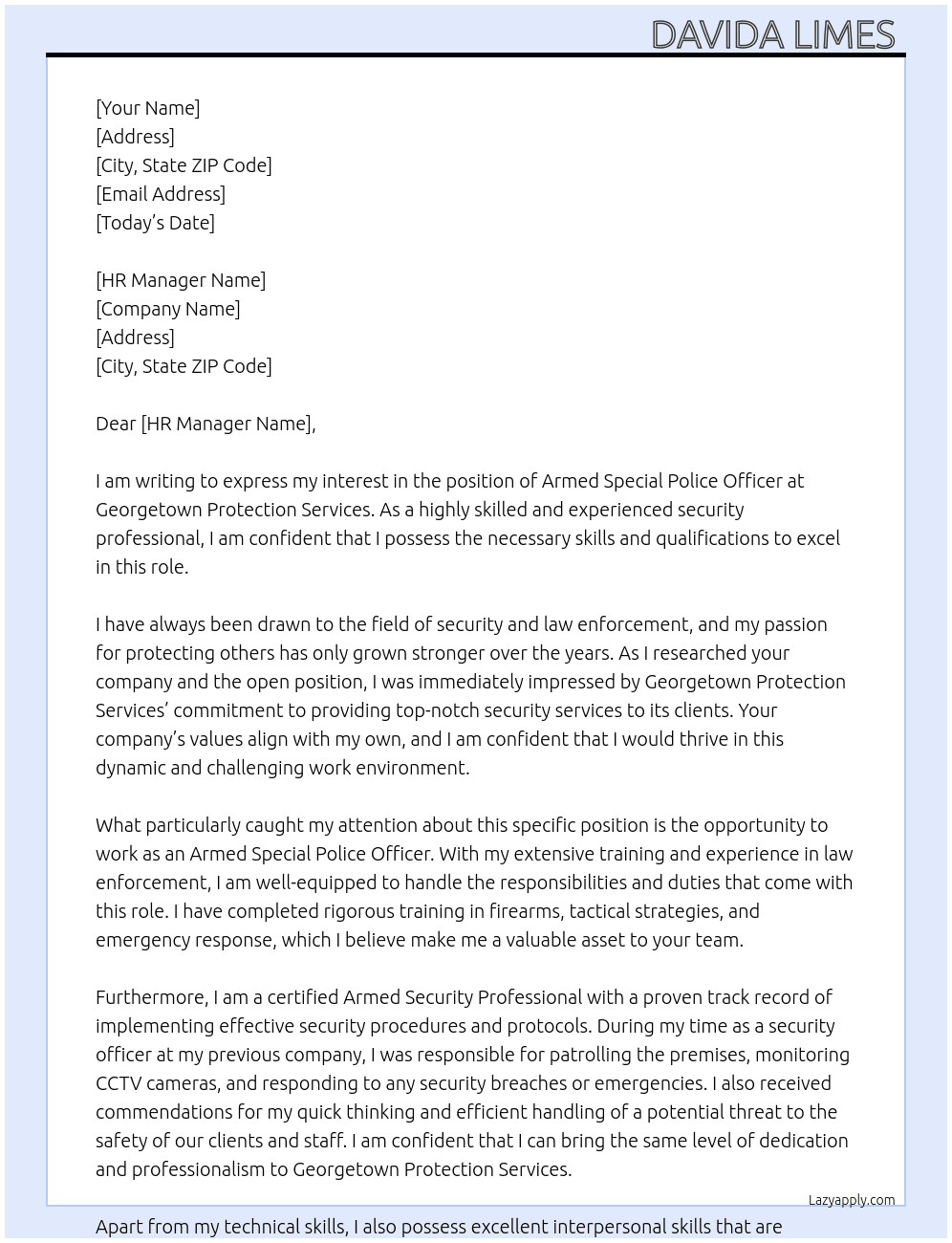Armed Special Police Officer At Georgetown Protection Services Cover Letter
