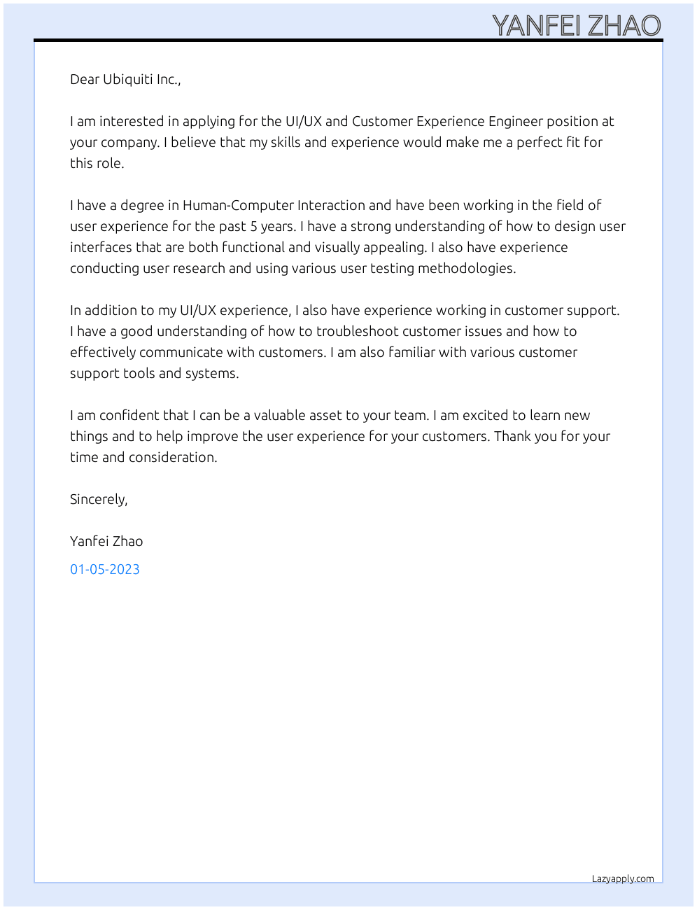 UI/UX and Customer Experience Engineer At Ubiquiti Inc.  Cover Letter