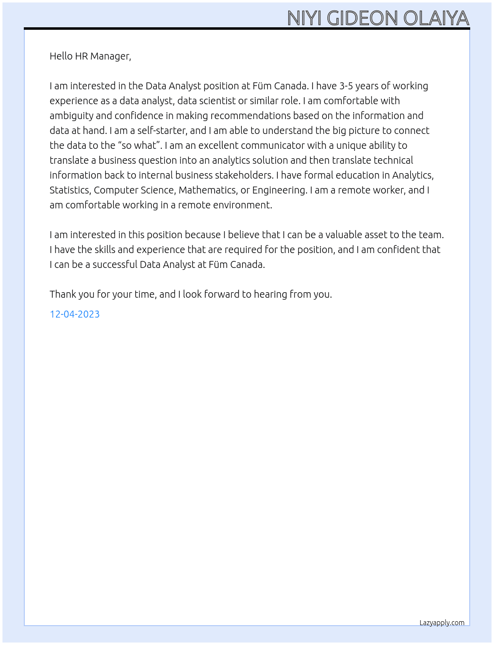 Data Analyst  At Füm Canada  Cover Letter