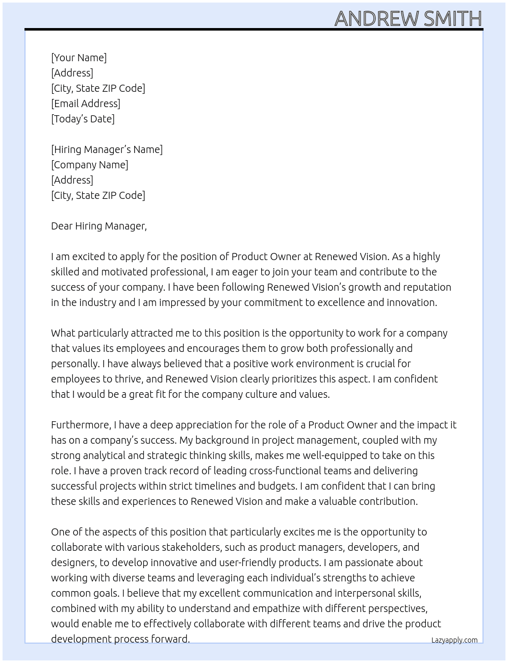 Product Owner At Renewed Vision Cover Letter
