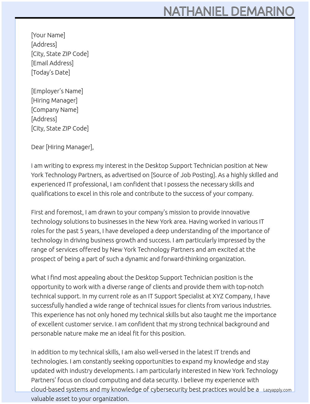 Desktop Support Technician At New York Technology Partners Cover Letter