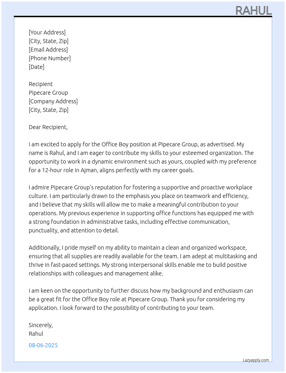 Office boy At Pipecare group  Cover Letter