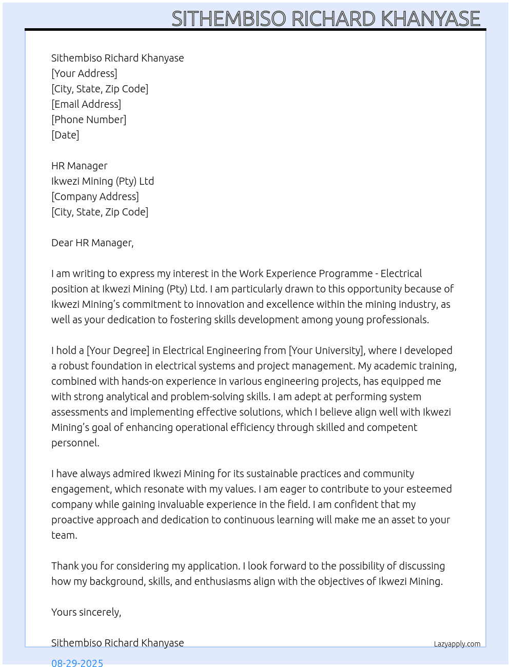 Cover letter for work experience programme - electrical - LazyApply