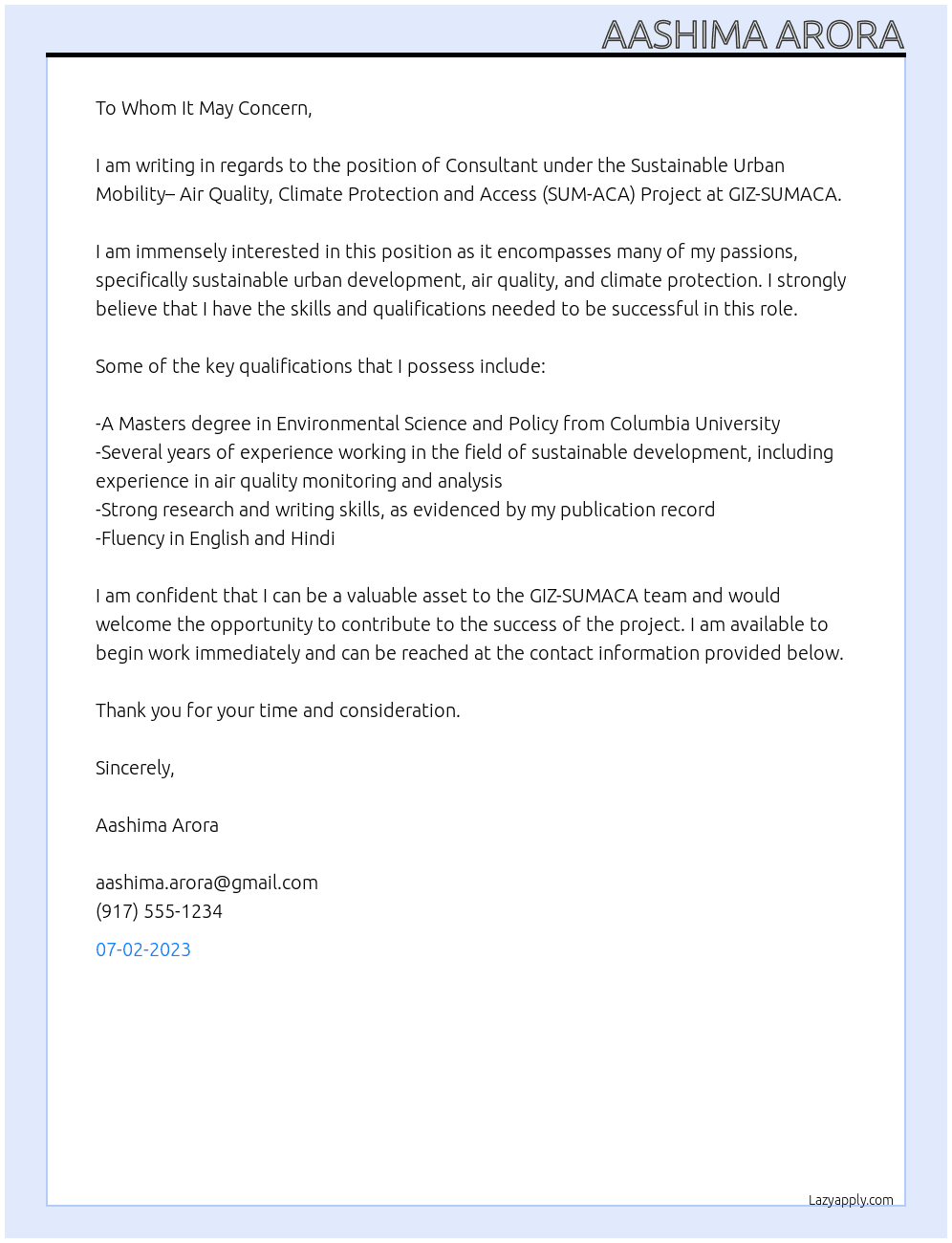 Consultant under Sustainable Urban Mobility– Air Quality, Climate Protection and Access (SUM-ACA) Project At GIZ-SUMACA Project Cover Letter