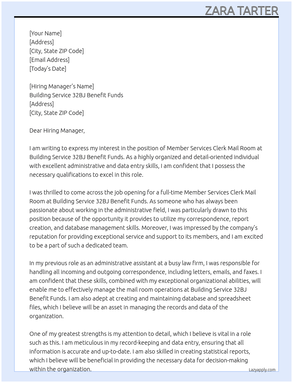 Member Services Clerk Mail Room At Building Service 32BJ Benefit Funds  Cover Letter