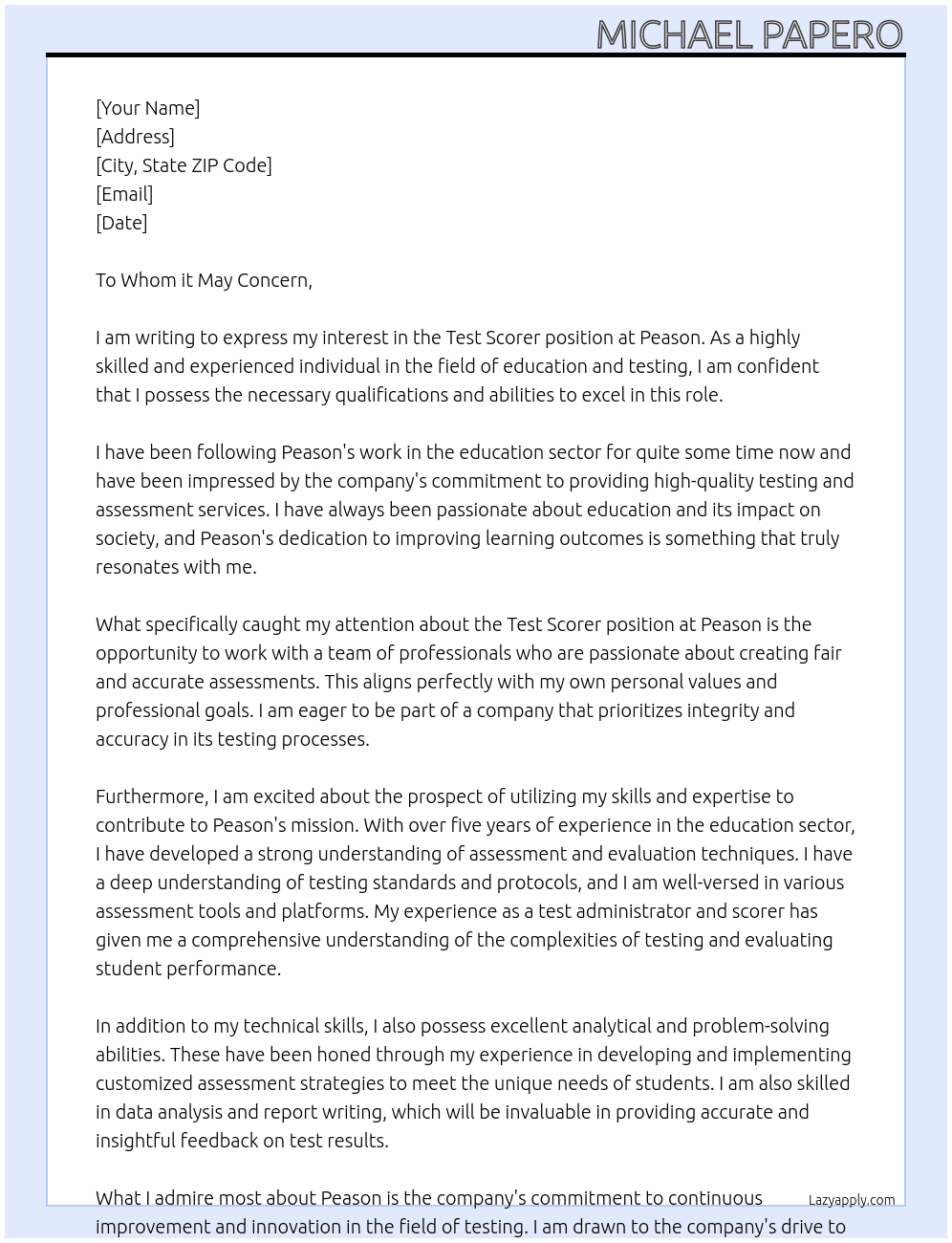 Test Scorer At Peason Cover Letter